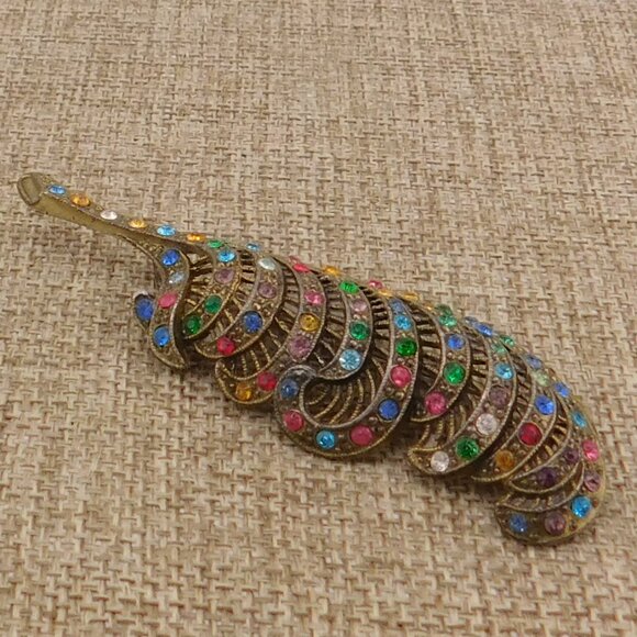 Crystal C-clasp Feather Leaf Pin Brooch VTG Cast Metal Multi Color Antique - Picture 4 of 6